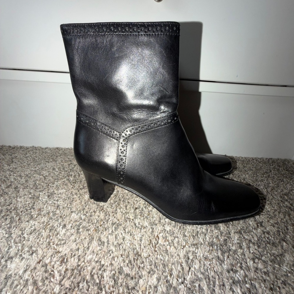 Antonio Melani Black Leather Brogue Ankle Boots Saddle Block Heel Size 6M